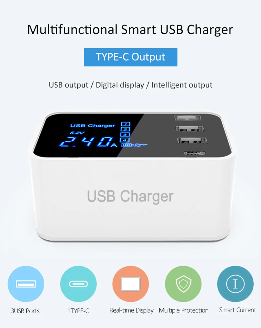 Quick Charge Type C USB Wall Charger Dock Led Display Fast Mobile Phone Tablet Charger For iPhone Samsung9 Multi USB HUB EU Plug