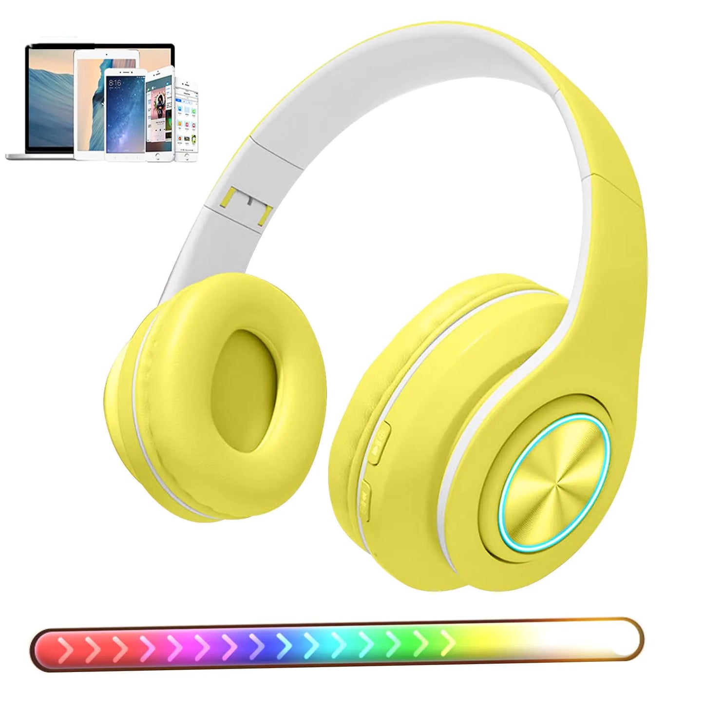 Bluetooth Over Ear Headphones Colorful LED Lights Headphones Foldable Hi-Fi Stereo Headphones with in Microphone Wired and Wireless Headphones for Classroom/Home Office/PC/Mobile (yellow)