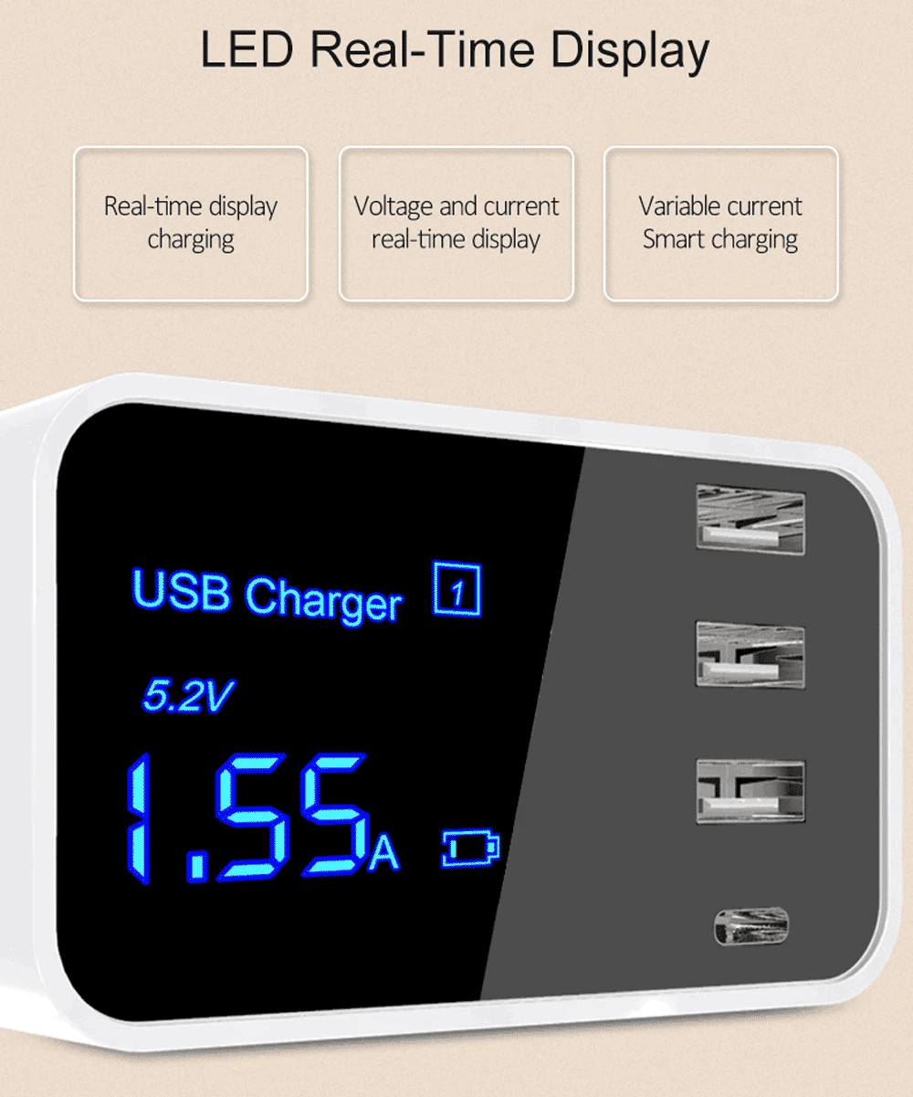 Quick Charge Type C USB Wall Charger Dock Led Display Fast Mobile Phone Tablet Charger For iPhone Samsung9 Multi USB HUB EU Plug
