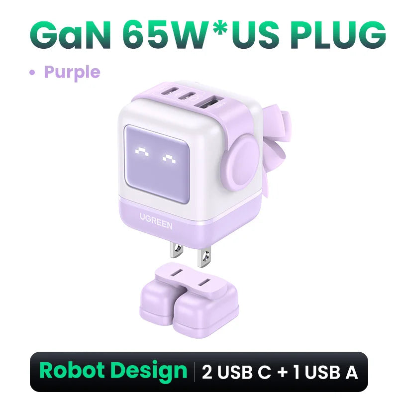 UGREEN 65W GaN Charger Uno Robot Design PD Fast Charger PPS PD3.0 for iPhone 17 16 15 Fast Charge for Xiaomi Laptop Macbook Pro