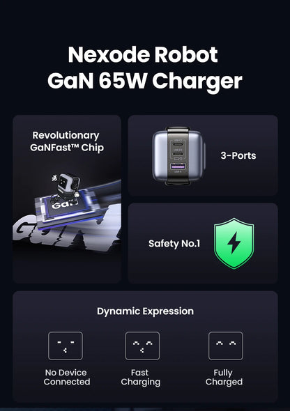 UGREEN 65W GaN Charger Uno Robot Design PD Fast Charger PPS PD3.0 for iPhone 17 16 15 Fast Charge for Xiaomi Laptop Macbook Pro