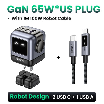 UGREEN 65W GaN Charger Uno Robot Design PD Fast Charger PPS PD3.0 for iPhone 17 16 15 Fast Charge for Xiaomi Laptop Macbook Pro