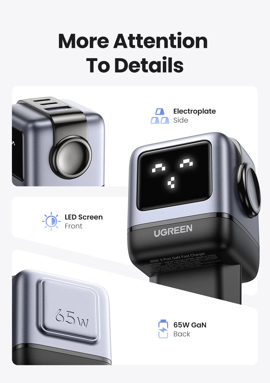 UGREEN 65W GaN Charger Uno Robot Design PD Fast Charger PPS PD3.0 for iPhone 17 16 15 Fast Charge for Xiaomi Laptop Macbook Pro