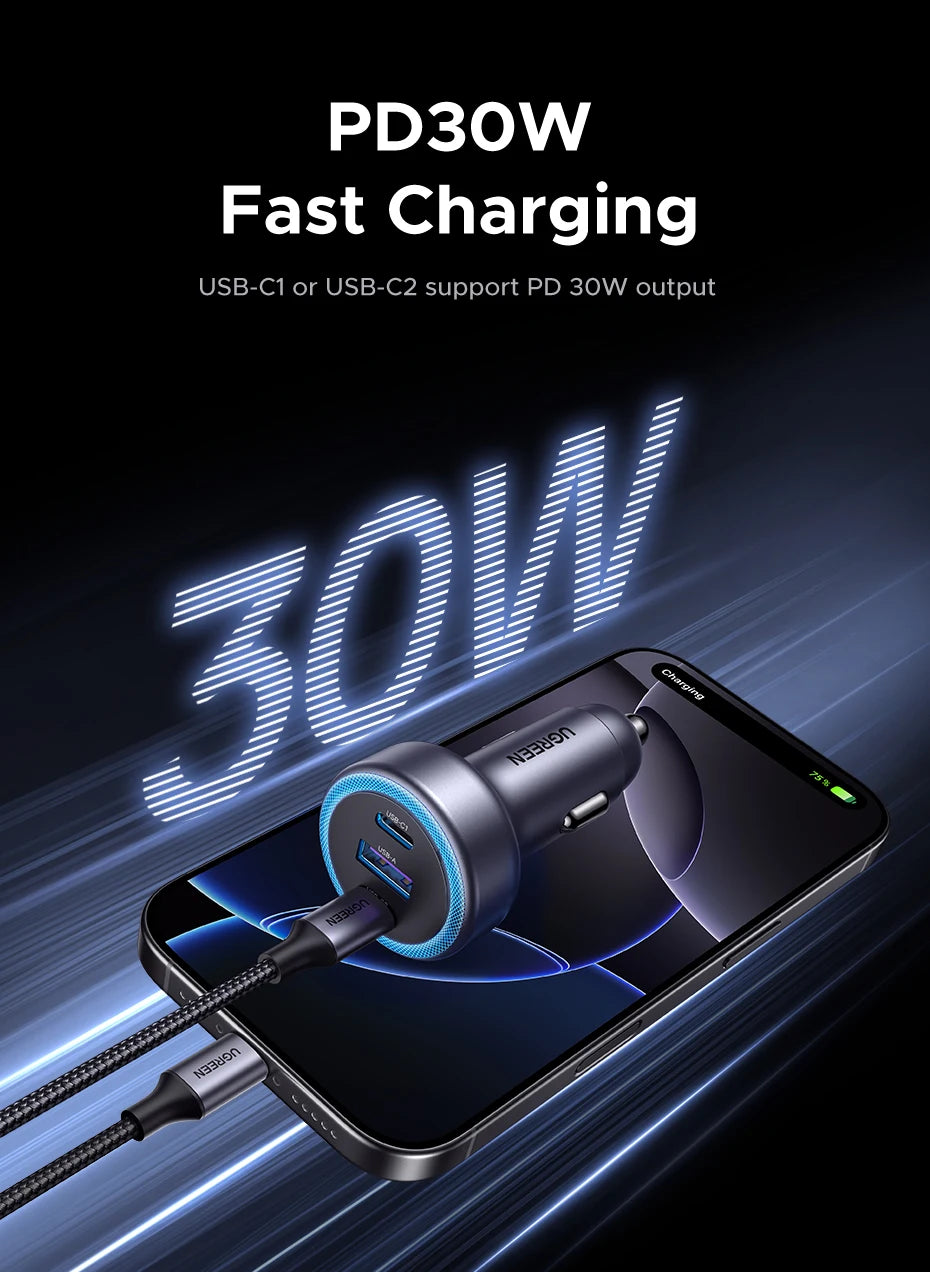 UGREEN Car Charger PD30W USB C Fast Charger for iPhone 17 16 15 Fast Charging for Mobile Phone USB C Car Charger