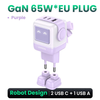UGREEN 65W GaN Charger Uno Robot Design PD Fast Charger PPS PD3.0 for iPhone 17 16 15 Fast Charge for Xiaomi Laptop Macbook Pro