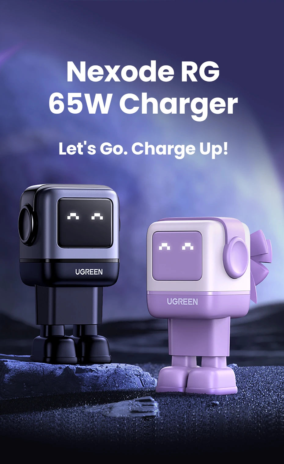 UGREEN 65W GaN Charger Uno Robot Design PD Fast Charger PPS PD3.0 for iPhone 17 16 15 Fast Charge for Xiaomi Laptop Macbook Pro