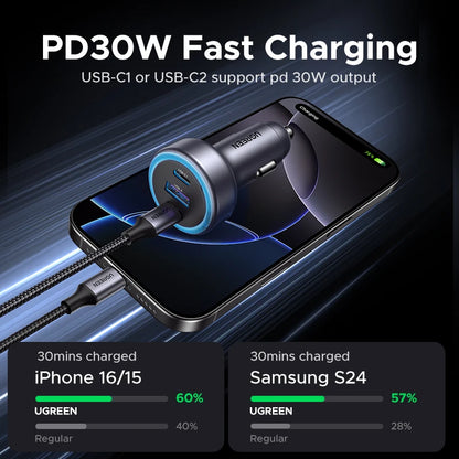 UGREEN Car Charger PD30W USB C Fast Charger for iPhone 17 16 15 Fast Charging for Mobile Phone USB C Car Charger