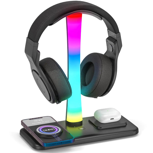 BAISHUN RGB Headphone Stand with 15w Wireless Charger 3 in 1 Gaming Headset Holder Charging Station for Desk for iPhone 16/15/14/13/12/11/X AirPods Max/Pro/4/3/2 iWatch 10/9/8/7/6/5/4/3/2/1/SE